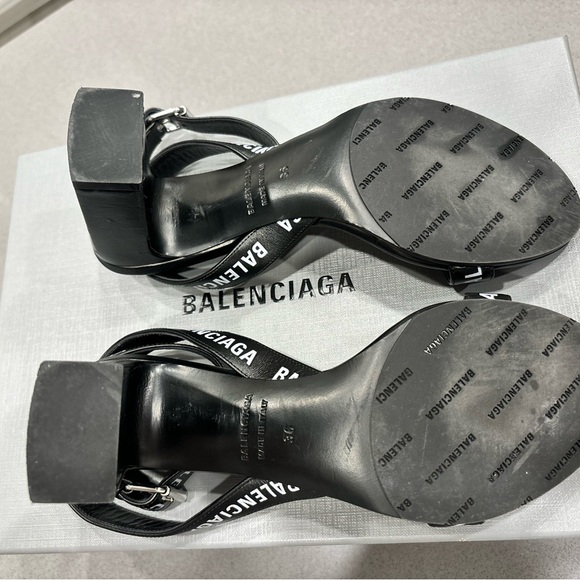 Balenciaga Women's Black & White Allover Logo Ankle Strap Sandals - Picture 7 of 10